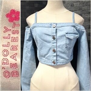 O'Dolly Dearest‎ Juniors Large Cropped Off The Shoulder Denim Detachable Straps